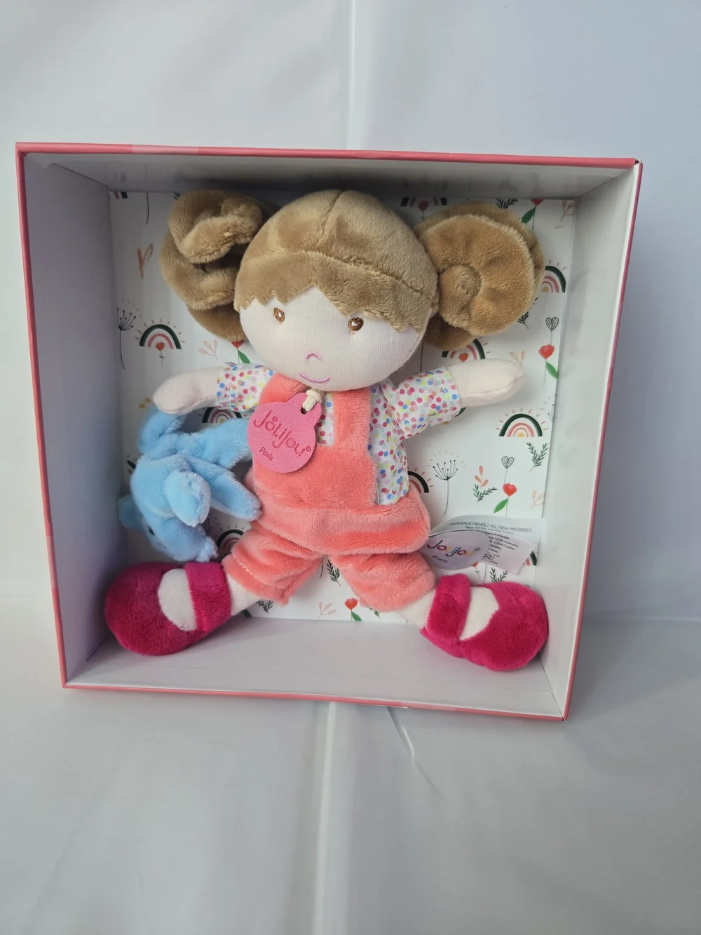 Jolilou Pink Plush Doll with Blue Bunny Accessory